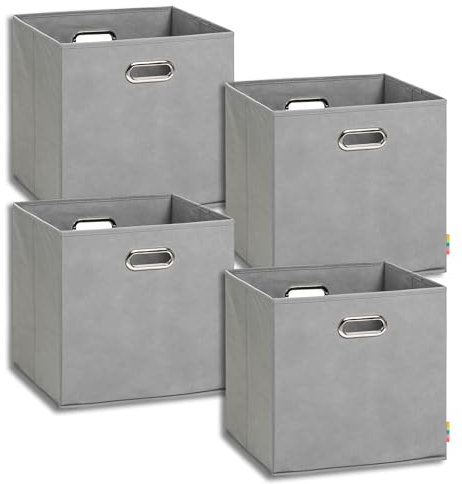 Storanda | 4er Set Aufbewahrungsbox 33x33x32.5 cm | Breite Griffe auf zwei Seiten | Stabil & Faltbar | Regalbox für Würfelregal | Ideal für Zuhause & Kinderzimmer | Grau
