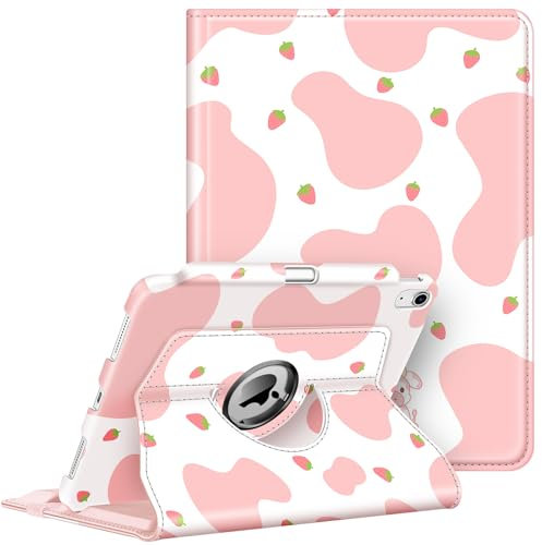 Fintie Hülle für iPad 11 Generation 11 Zoll 2025 (A16), iPad 10 Generation 10.9 Zoll 2022 mit Pencil Halter - Schutzhülle Cover mit 360 Grad drehbarem Ständer und Auto Schlaf/Wach, Strawberry Cow