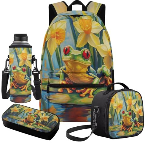 Cugasmaru Mittelschulrucksack für Jungen, Büchertasche mit Lunchbox, Geschenk zum Schulanfang, frosch, Kinderrucksack