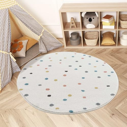 carpet city Teppich Kinderzimmer 160 cm Rund - Kinderteppich Creme, Bunt - Gepunktet, Konfetti - Spielteppich Kinder - Babyzimmer Deko