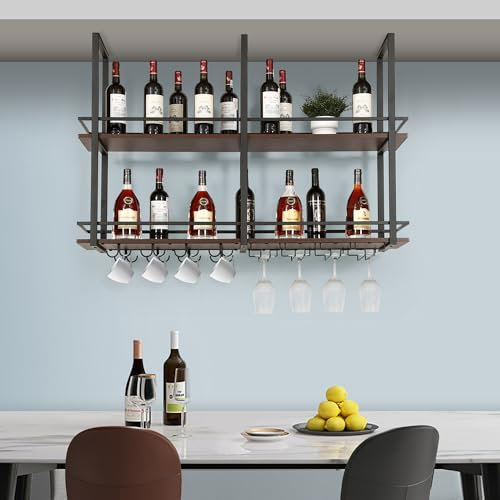 [en.casa] Casier à Vin Suspendu au Plafond Support de Verre avec Étagère et Crochets Doubles Compartiments pour Bouteilles Porte-Boissons Industriel Robuste Métal MDF 120 x 30 x 85 cm Noir Effet Noyer