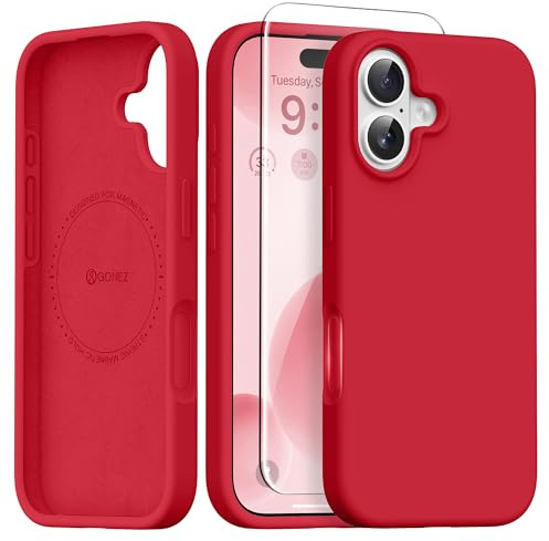 GONEZ Magnetic for iPhone 16 Case, Silicone Cover Red | Compatible with MagSafe, Camera Button & Screen Protector, Microfiber Lining, 3 Layers Soft Gel Rubber Shockproof Slim 6.1