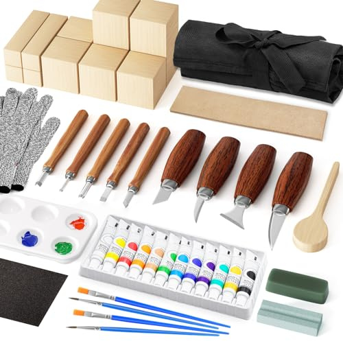 Holz Schnitzwerkzeug Set Holzschnitzset Schnitzset Schnitzmesser Set für Kinder und Erwachsene, Schnitzen Set Geschenk mit Schnitzmesser Handschuhe Lindenholz Tragbare Leinentasche und Anspitzer