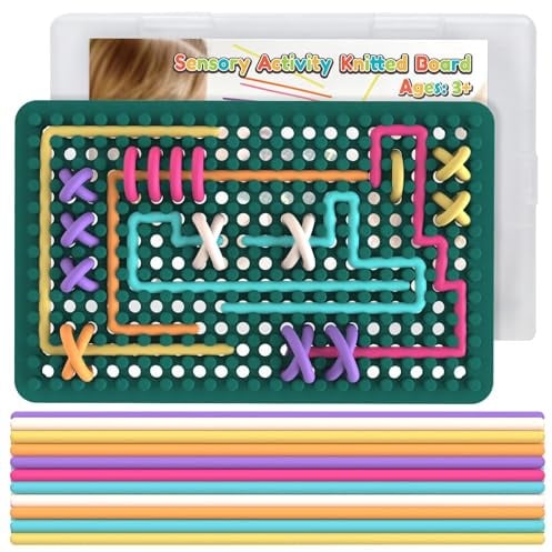 Fidget Toys Sensory Activity Knitted Board for Autism ADHD Kids & Adults | Silicone, Green, with 6 Colors 20 Strings & Storage Box, for Stress and Anxiety Relief, Silent Travel Fine Motor Skill Toy
