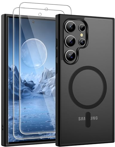 Jshru für Samsung Galaxy S24 Ultra Hülle Kompatibel mit Magsafe,Dünn Magnetisch Handyhülle mit 2Stk Schutzfolie Militär Stoßfest Schutzhülle Matt Transluzent Case für Galaxy S24 Ultra,Schwarz