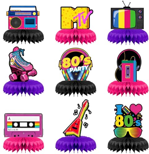 GSGFUIS 9 Stück 80er Jahre Party Dekoration, Hochwertige Vintage Tischdeko für Mottoparty und Jubiläum Retro Waben Tischaufsätze für 80s 90s Geburtstagsparty