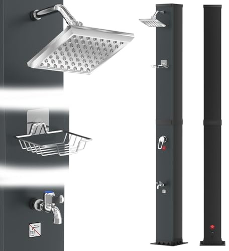 LZQ Solardusche 40L Gartendusche Solar mit integriertem Thermometer & Fußdusche, Pooldusche 60°C Warmwasser ohne Strom, Außendusche mit schwenkbarer Regenduschkopf & Gartenschlauch-Anschluss, Schwarz