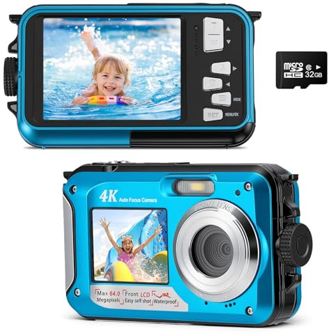 Fotocamera subacquea da 64 MP con messa a fuoco automatica e video 4K, IP68 impermeabile fino a 4,9 m, fotocamera digitale con scheda da 32 GB, doppio display, zoom 16X per snorkeling, blu