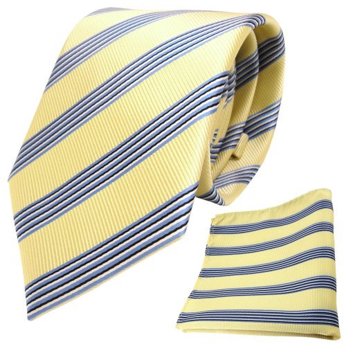 TigerTie Designer Krawatte Designer Einstecktuch in gelb blassgelb blau schwarz silber gestreift