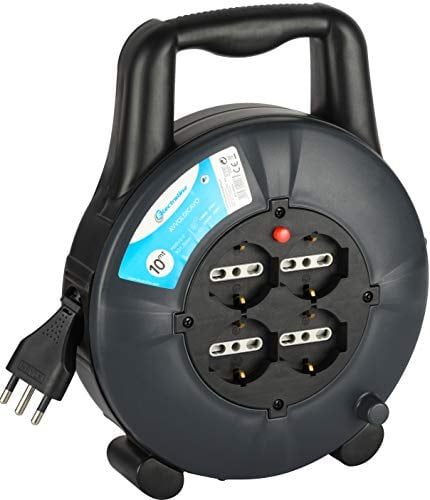 Electraline 49026 Prolunga Elettrica con Avvolgicavo 10 mt, 4 Prese Polivalenti, Schuko + 10/16A, Spina 16A, Sezione Cavo 3G1,5 mm²