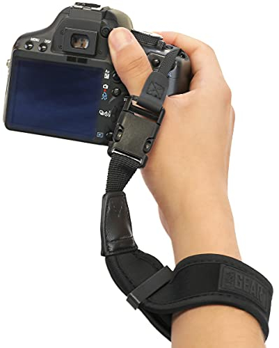 USA Gear Camera Wrist Strap - Neoprene Camera Strap with Comfortable Support and Quick Release Buckles - Compatible with Canon, Fujifilm, Nikon, Sony and More Mirrorless Camera Hand Strap (Black)