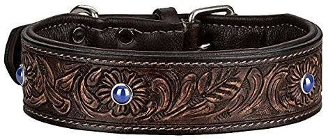 MICHUR Antonio Hundehalsband Leder, Lederhalsband Hund, Halsband, BRAUN, Leder, mit blauen Steinchen, Blau, in verschiedenen Größen erhältlich