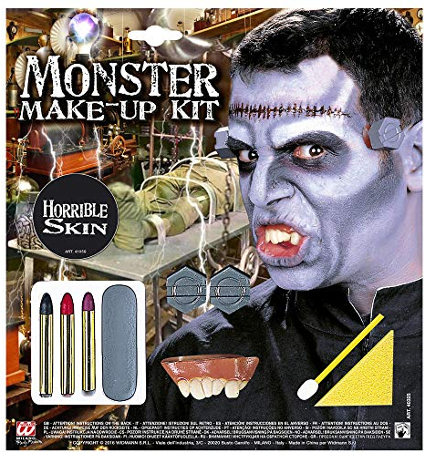Widmann 40325 - Schminkset Monster mit Zubehör, Kunstgebiss, unechte Schrauben, Halloween, Mottoparty