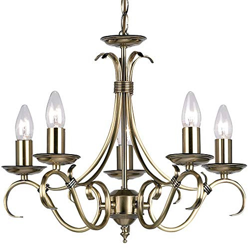 Hanging/Flush Mounted Ceiling Pendant Light – Antique Brass – 5X Vintage Candle Lamp Bulb Holder – Vintage/Classic Metal Feature Chandelier with Chain & Rose Fitting Lighting Kit – LED Compatible