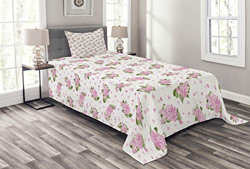 ABAKUHAUS Mauve Tagesdecke Set, Blumen-Muster-Landhausstil, Set mit Kissenbezügen Waschbar, für Einzelbetten 170 x 220 cm, Grün Rosa