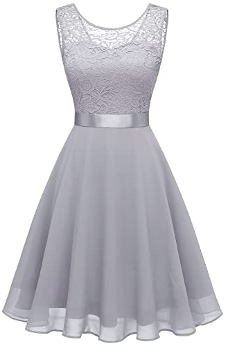 Berylove Damen Spitzenkleid Brautjungfer Elegant Party Knielang Cocktailkleid Chiffon Ärmellos BLP7005B-GreyS