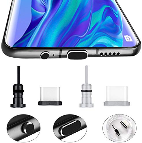 GOLRISEN 2 Paar Staubschutz USB C Staubstecker Handy Anti Staub Stecker Aluminium Staubstöpsel USB C Staubschutzkappe Typ C Schutzkappe mit Staubschutz Stöpsel Kopfhörer für Smartphone Schwarz Silber