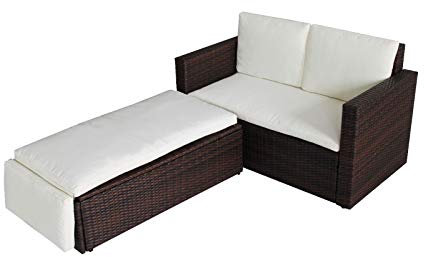 EVRE Lovebed 2 Seat Rattan Garden Furniture Patio Outdoor Sofa Set Daybed Sun Lounger with Cushions and Adjustable Footstool for Balconies Patios Conversation (Brown)
