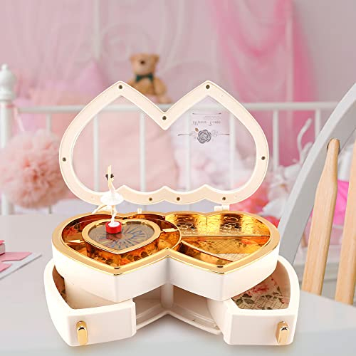 Raguso Niedliche doppelte Herz-Spieluhr tanzende Ballerina-Musik-Schmuckschatulle Aufbewahrungskoffer f¨1r kleine M?dchen Kinder Dekoration Geschenke(Wei?)