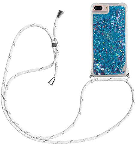 HongMan Handykette Hülle für iPhone 6 Plus/iPhone 6s Plus - Quicksand Glitzer Hülle mit Band - Silikon Handyhülle mit Kordel Umhängenband - Schnur mit Treibsand Case zum Umhängen, Blau