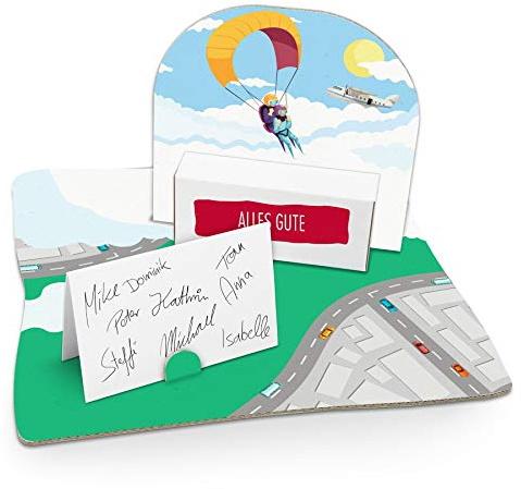 itenga Geldgeschenk I Motiv Fallschirmspringer/Tandemsprung I Geburtstag I Mitbringsel I Gutschein I Geschenkverpackung mit Bodenplatte, Geschenkkarte und Stickerbogen - zum Basteln und Dekorieren