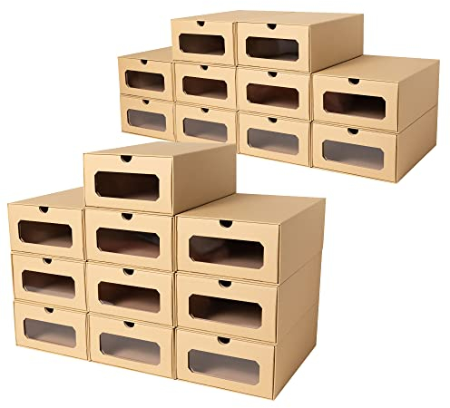 20 x PresentFill® Aufbewahrungsbox - Natur - Made in Germany - Schuhbox Schuhkiste Schuhschachtel Schuhkarton Ordnungsboxen durchsichtig transparent Sichfenster stapelbar aus Pappe