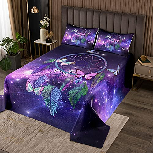 richhome Traumfänger Bettüberwurf tagesdecke,Sternengalaxie Träumendes Universum Stepp Decke 2 Teilig Tagesdecken,Stammes-Traumfängerfeder Steppdecke für Kinder Jungen,170x210cm