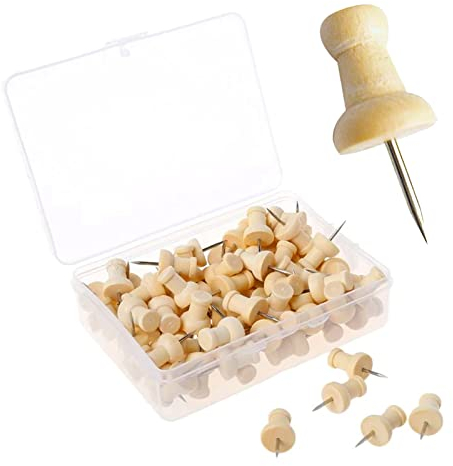 100 Pieces Wood Push Pins, Wooden Thumb Tacks Map Pins for Bulletin Board, Cork Notice Board Drawing Pins