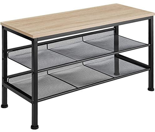 tectake® Schuhregal schmal mit Sitzfläche, Schuhbank aus Holz Metall, Industrial Style, 3 Ebenen mit 2 Gitterablagen, 75,5 x 30,5 x 45,5cm (Industrial Holz hell, Eiche Sonoma)