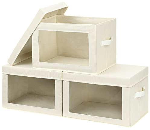 DIMJ 3 Pack Foldable Storage Boxes with Lids, Fabric Storage Bins with Transparent Window Storage Basket with Handle, Wardrobe Organiser Box for Clothes, Toys, Books, Closet, Office