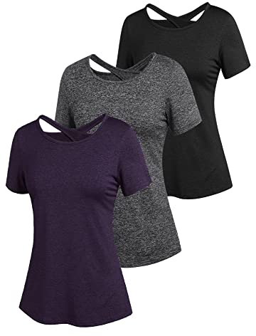ADOME Sport Shirts für Damen Funktionsshirt Rückenfreies Oberteil Sportshirt Fitness Leichtes Atmungsaktives Activewear Yoga Shirt Gym Top 3er Pack Pat3 L