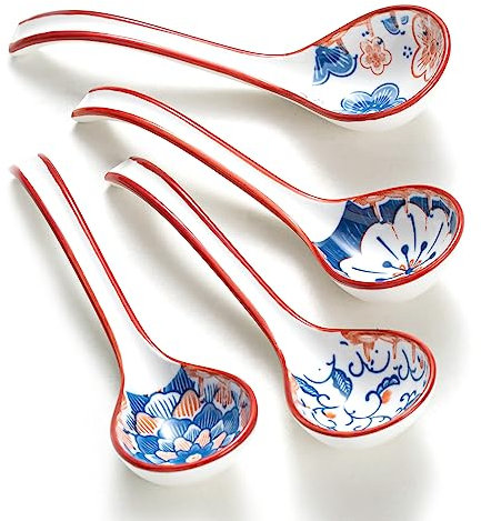 Hoilse Ceramic Soup Spoons, Asian Soup Spoon Japanese Ramen Spoons,Long Handle Perfect Depth Spoon Set for Soup Dumpling, Pho, Noodles, Miso, Chinese Wonton, Dishwasher Safe- Set of 4- Red