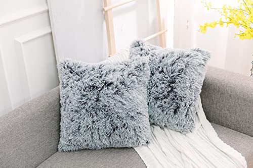 NordECO HOME 2er Set kissenbezüge Kissen Künstlich Pelz Fellkissen Dekorative Deko Kissen Kuschelkissen Flauschig Sofakissen Weich Plüschkissen für Sofa (40x40cm, Schwarz Ombre)