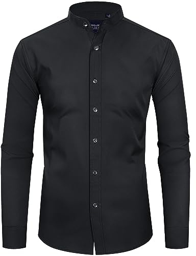 Alimens & Gentle Mens Banded Collar Dress Shirts Regular Fit Casual Stretch Mandarin Collar Button Down Shirts Black