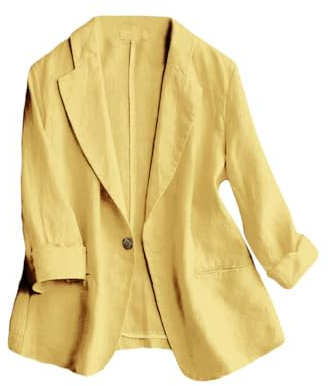 IDEALSANXUN Blazer da donna in lino con maniche a 3/4, leggero, primaverile ed estivo, Giallo, Small