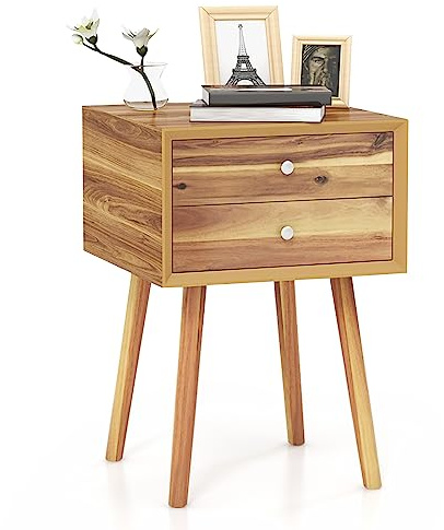 COSTWAY Nachttisch mit 2 Schubladen, Nachtschrank für Boxspringbett, Beistelltisch aus Holz, Nachtkonsole Nachtkommode für Wohnzimmer, Schlafzimmer, 40 x 40 x 59,5 cm (Natur)