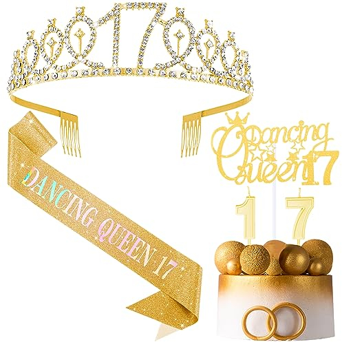Crowye 17th Birthday Queen Party Decorations 17th Tiara Crown Sash Birthday Queen 17 Cake Topper Candles Decorations Party Supplies Gifts(Gold)