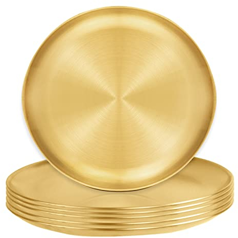 6 Pieces Stainless Steel Plate, Reusable Brushed Metal Dinner Plates, 9 Inch Metal Dinner Dishes, Camping Plates Gold Trays for Kitchen,Picnic, Outdoor Party(Gold, 9 inch)