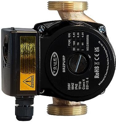 Tower TFC Group BRZPUMP Pompa di circolazione secondaria per acqua calda con corpo bronzo, prevalenza massima 6 m, protezione IP42, 230 V e 50 Hz, pompa centrifuga a tre velocità
