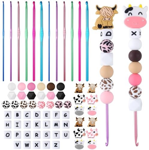 Yuxung 102 Pcs Silicone Beads Crochet Hooks Set 12 Aluminum Handle Knitting Needles for Arthritic Hands 90 Bulk Crocheting Yarn Craft DIY Gift Women Girls Beginners (SYU-Yuxung-757)