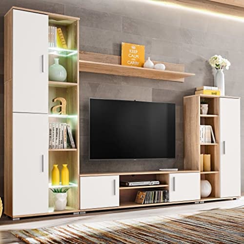YITHOPI Parete Attrezzata Porta TV,Credenza soggiorno Mobile portaoggetti Vetrinetta soggiorno Adatto a soggiorno, camera da letto, studio, salotto con Luci LED Rovere Sonoma e Bianco