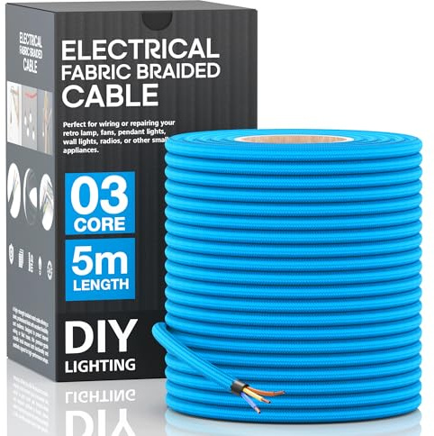 LEDSone 3 Core Round 5 Meter Black Fabric Braided Flex Lighting Cable, Vintage Electrical Cable Wire Flexible Fabric DIY Electrical Wire for Lamps, Flex Cables for Appliances (Blue)