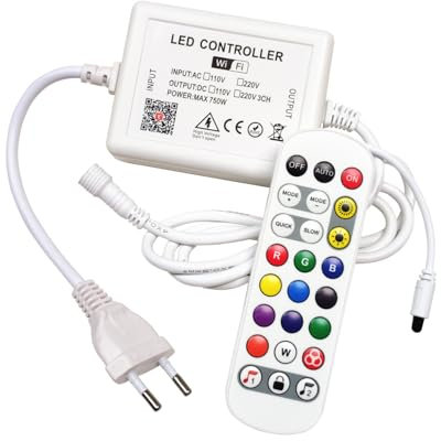 LED ATOMANT Controlador WiFi para Tira LED RGB 220V, Regulador de intensidad con mando a distancia IR, Compatible con Smart Life, Tuya, Alexa y Google Assistant