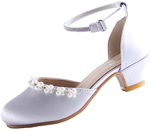 EIGHT KM Scarpe Mary Jane con Tacco Alto da Ragazza Principessa per Matrimonio e Festa EKM7033 Seta Liscia Lucida perlacea Argento Taglia EU 33