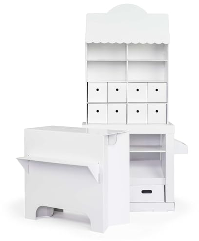 FOLDZILLA Kaufladen für Kinder 151 x 68 x 30 cm Kaufmannsladen Supermarkt Verkaufsstand aus Pappe Marktstand - Weiß zum Bemalen und Bekleben