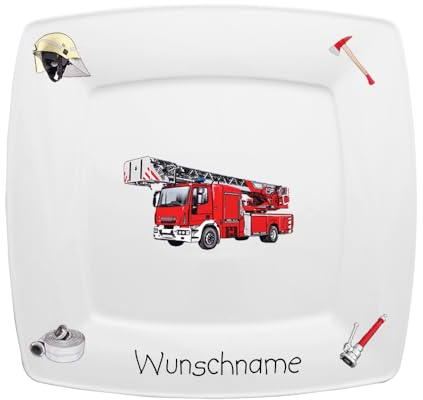 Doriantrade Frühstücksteller eckig Kinderteller Teller Porzellan Feuerwehr personalisierbar mit Wunschname Name Kindergeschirr mit Namen personalisiert
