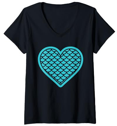 Halloween Fischschuppen Meerjungfrau Herz Kostüm Frauen Mädchen Teenager T-Shirt mit V-Ausschnitt