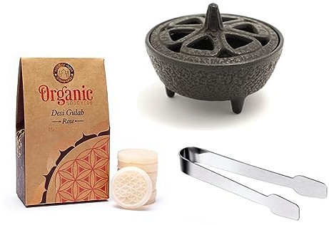 Cast Iron Wax Melter Kit with Scented Wax Melts and Stainless Steel Tongs for Stoves and Log Burners (Rose)