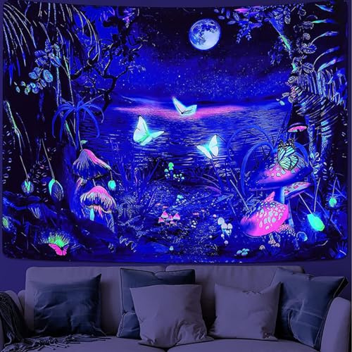 Tokusyou Pilz Wandteppich Schwarzlicht UV Reaktive Schmetterling Mond Psychedelic Wald Tapisserie Wandtuch Pflanze Landschaft Tapestry Wandbehang Dekoration für Schlafzimmer Wohnzimmer, 100x150cm