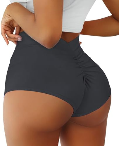 Boudaner Yoga-Shorts für Damen, hohe Taille, V-Ausschnitt, Scrunch für Fitnessstudio, Workout, Spandex, Tanz, Hotpants, Po, Lifting, Rave-Hose, grau dunkel, Klein